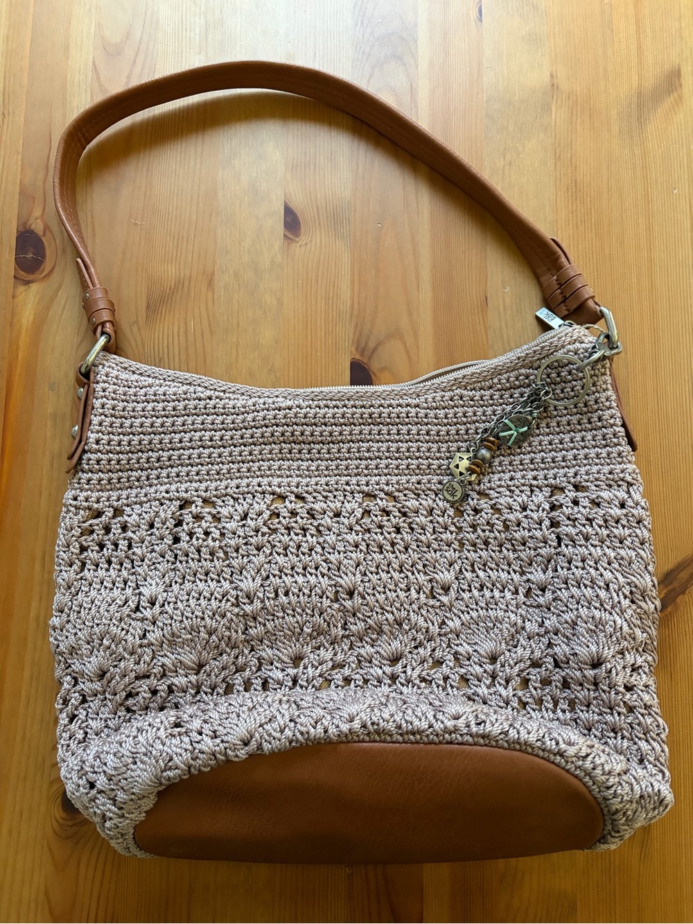 The Sak Sequoia Crochet Shoulder Bag Taupe/Beige with Brown Leather